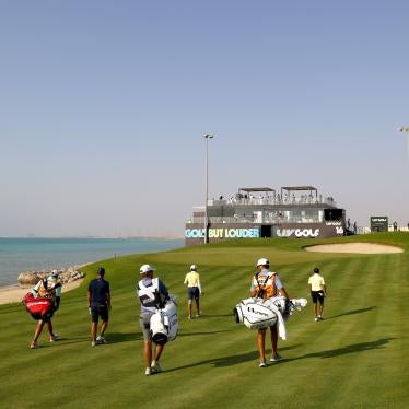 Golfers walk on the 16th hole during the LIV Golf Invitational at the Royal Greens Golf & Country Club in Saudi Arabia.