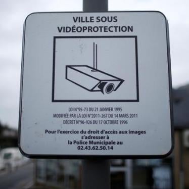 A plaque indicates a public surveillance viedeo camera in Sable-sur-Sarthe, western France, January 31, 2017.
