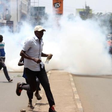 Riot police fire teargas canisters to disperse supporters of Kenyan opposition leader Raila Odinga of the National Super Alliance (NASA) coalition protesting against the treason charges on lawyer Miguna Miguna in the streets of Kisumu, Kenya.