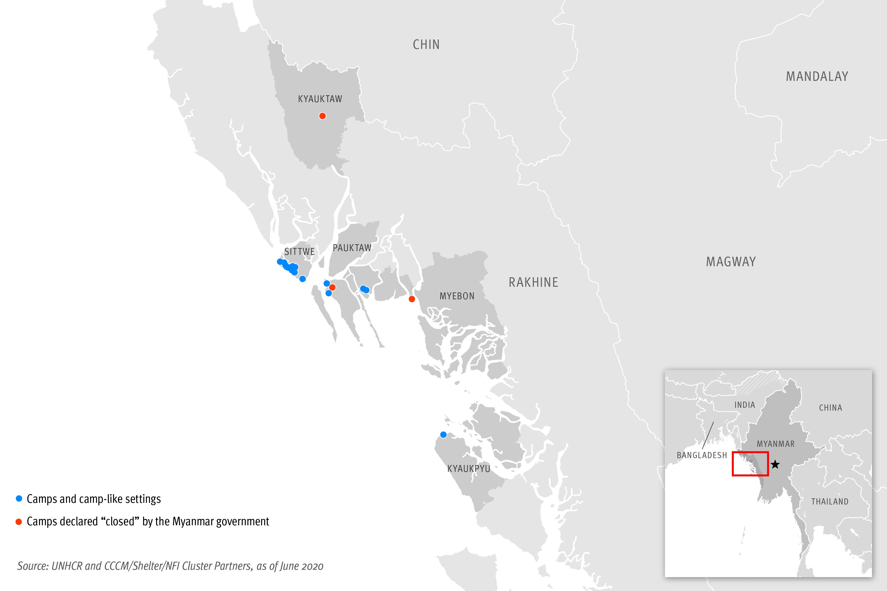 A gray map of Myanmar (Burma)  noting the locations of Rohingya camps