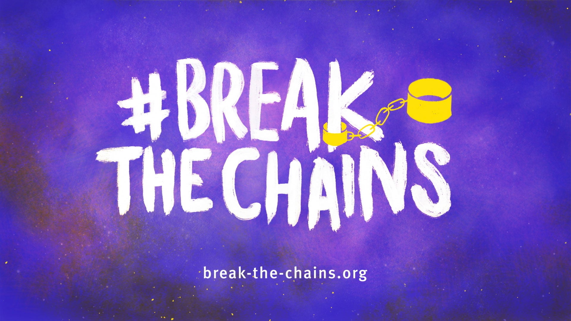 Logo with the words #BreakTheChains against a purple background with a yellow chain 