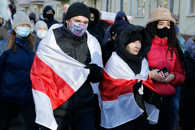 Young demonstrators during an opposition rally to protest the official presidential election results in Minsk, Belarus, 6 December 2020.