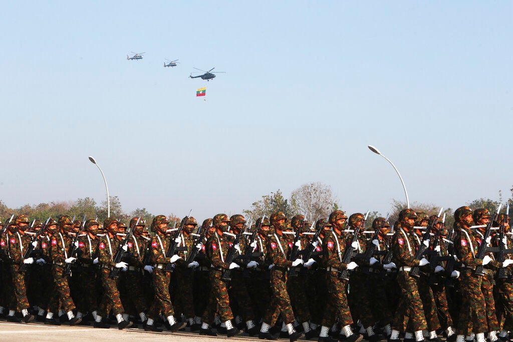 緬甸第75屆聯邦節閱兵儀式，緬甸內比都，2022年2月12日。