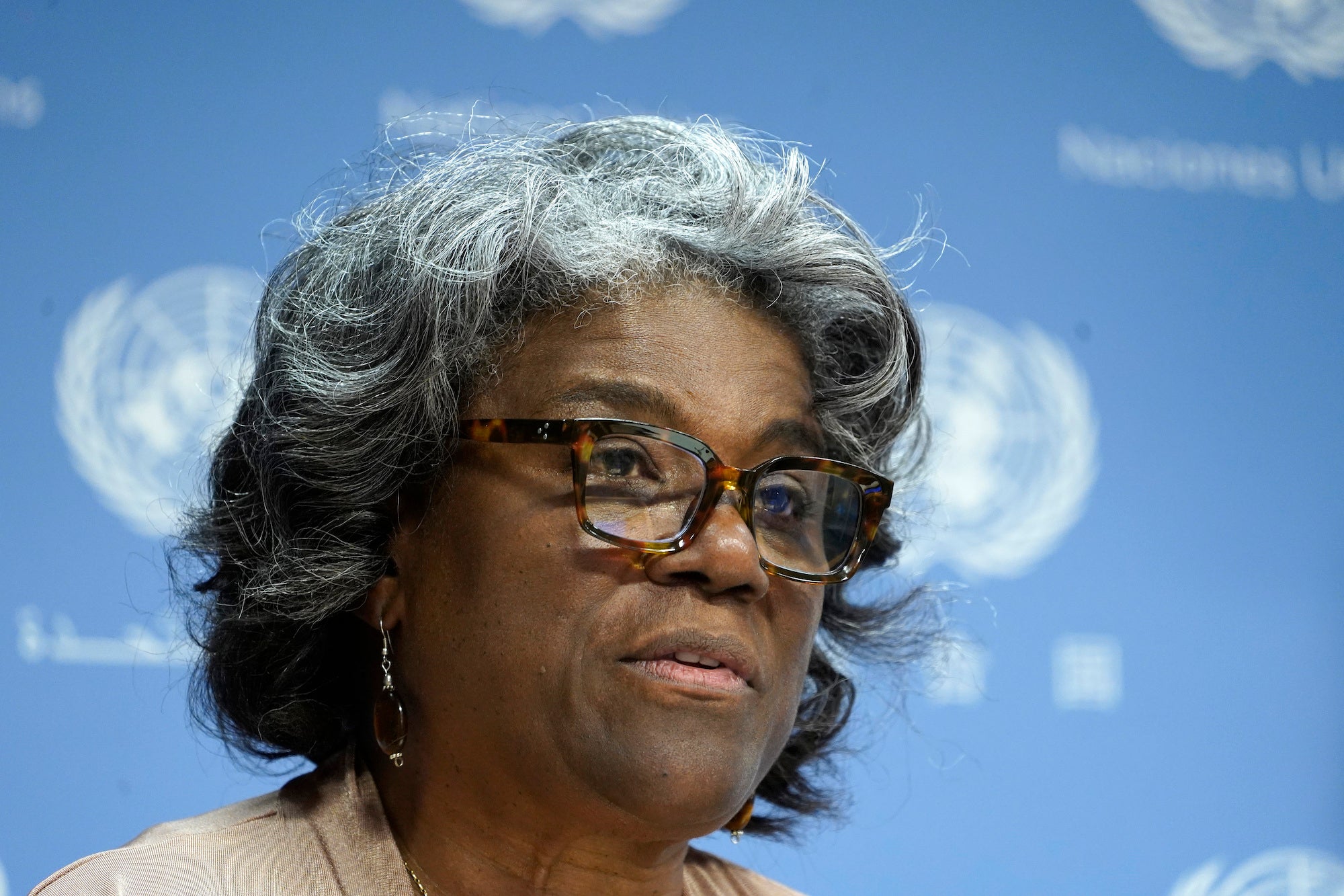 inda Thomas -Greenfield, US Ambassador to the UN, updates the press on her agenda as she assumes the presidency of the Security Council for the month of August at the United Nations Hheadquarters on August 1, 2023 in New York City, US.