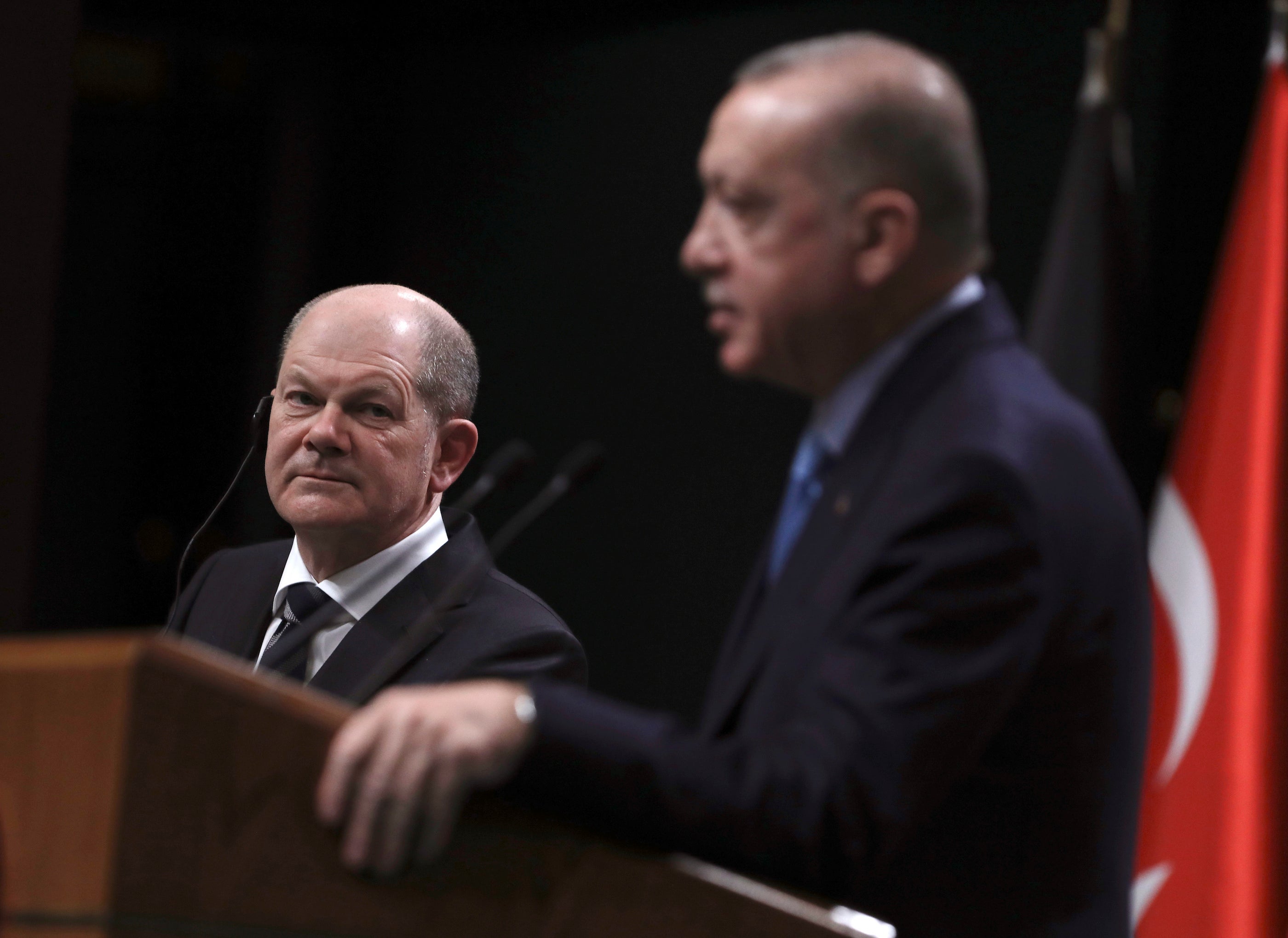 Germany's Chancellor Olaf Scholz, left, and Turkish President Recep Tayyip Erdogan in Ankara, Turkey, March 14, 2022.