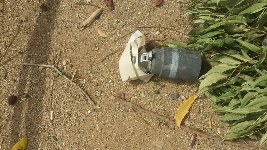 Unexploded M77 DPICM submunition found near al-Fajj village, northern Yemen, after a cluster munition attack in June or July 2015. 