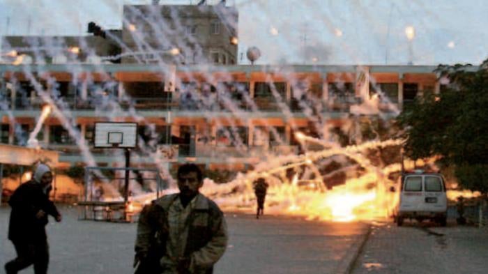 The Israel Defense Forces fired at least three white phosphorus shells above this UN-run school in Beit Lahiya on January 17, 2009, killing two and wounding 14. The school was housing about 1,600 displaced persons at the time. 