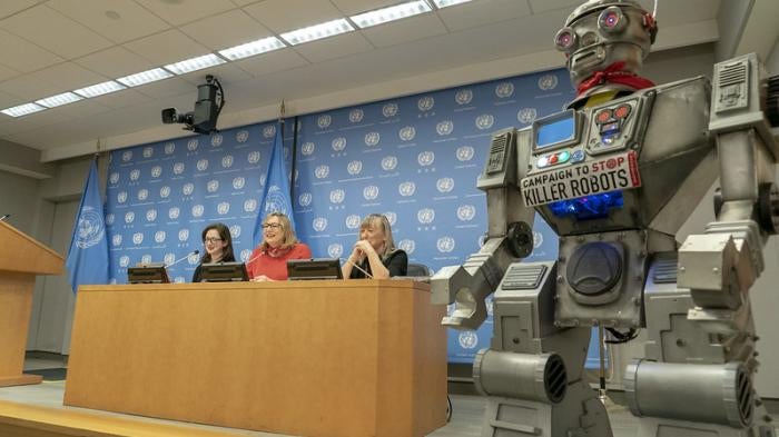 Campaign to Stop Killer Robots press briefing at the United Nations in New York in October 2019.