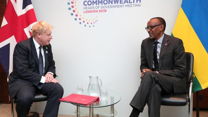 UK Prime Minister Boris Johnson (left), then Foreign Secretary, and Paul Kagame (right), President of Rwanda, meet during the Commonwealth Heads of Government Meeting in London, April 17, 2018.