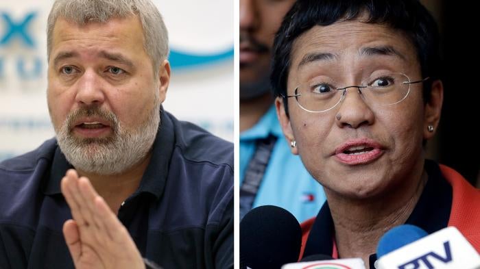 The 2021 Nobel Peace Prize was awarded to journalists Dmitry Muratov of Russia (left) and to Maria Ressa of the Philippines for their fight for freedom of expression.