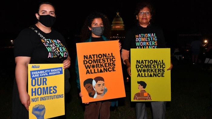 Disability rights activists and caregiving advocates hold a vigil in front of the US Capitol to urge Congress to include full federal funding for home and community-based care services in the budget reconciliation package on October 06, 2021 in Washington, DC.