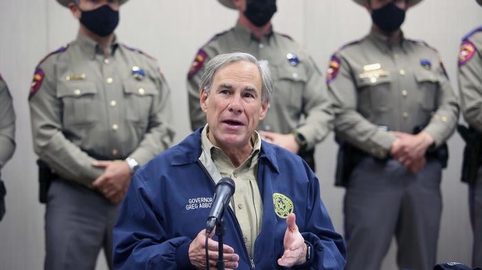 Texas Governor Greg Abbott talks about Operation Lone Star during a press conference at the Texas Department of Public Safety Weslaco Regional Office on April 1, 2021, in Weslaco, Texas.