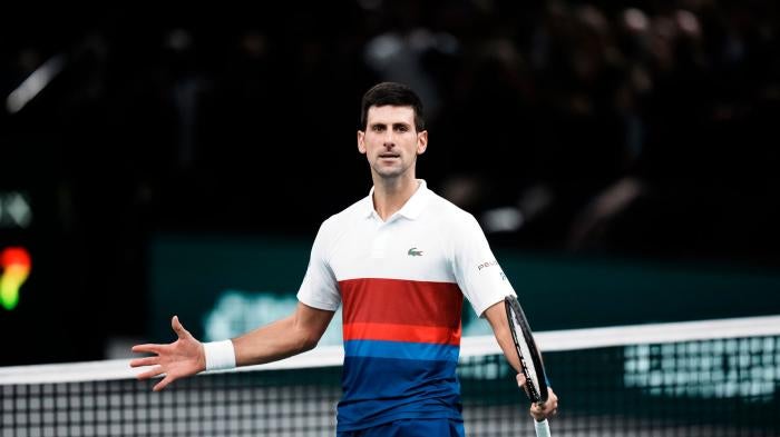Serbian tennis player Novak Djokovic celebrates his win at the Paris Masters tennis tournament in Paris, France