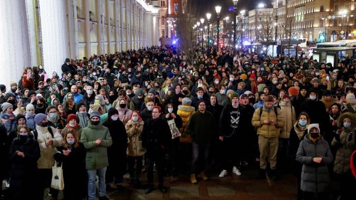 People attend an anti-war protest, in Saint Petersburg, Russia.