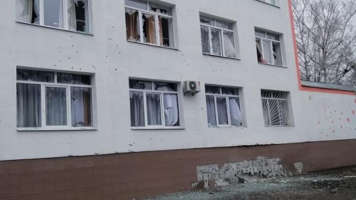 Damage from a cluster munition attack outside the Central City Hospital in Vuhledar.
