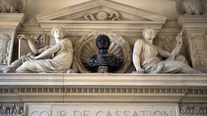The entrance of the Cour de Cassation, France's highest judicial court housed in the Palais de Justice in Paris.