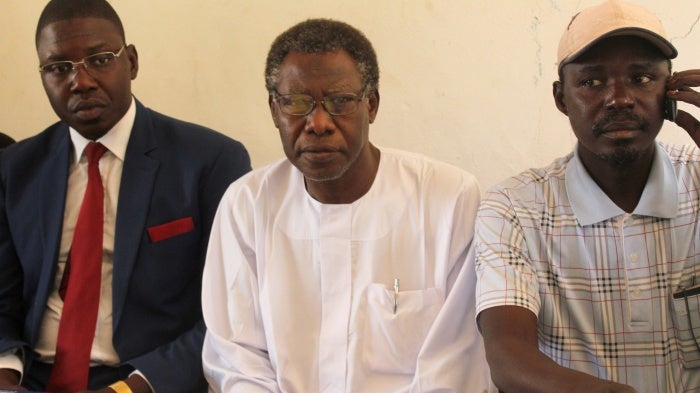 Chadian civil society leader Mahamat Nour Ibédou (center) attends a press conference in N'Djamena, Chad, February 5, 2018.