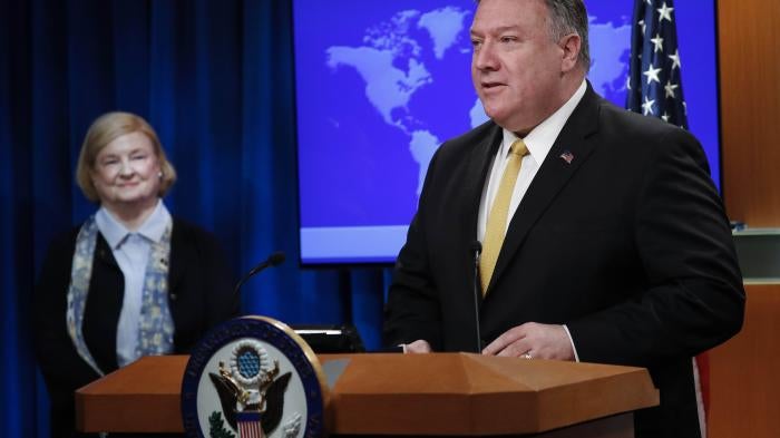 US Secretary of State Mike Pompeo, right, unveils the creation of Commission on "Unalienable" Rights, headed by Mary Ann Glendon, left, a Harvard Law School professor and a former U.S. Ambassador to the Holy See, during an announcement at the US State Dep