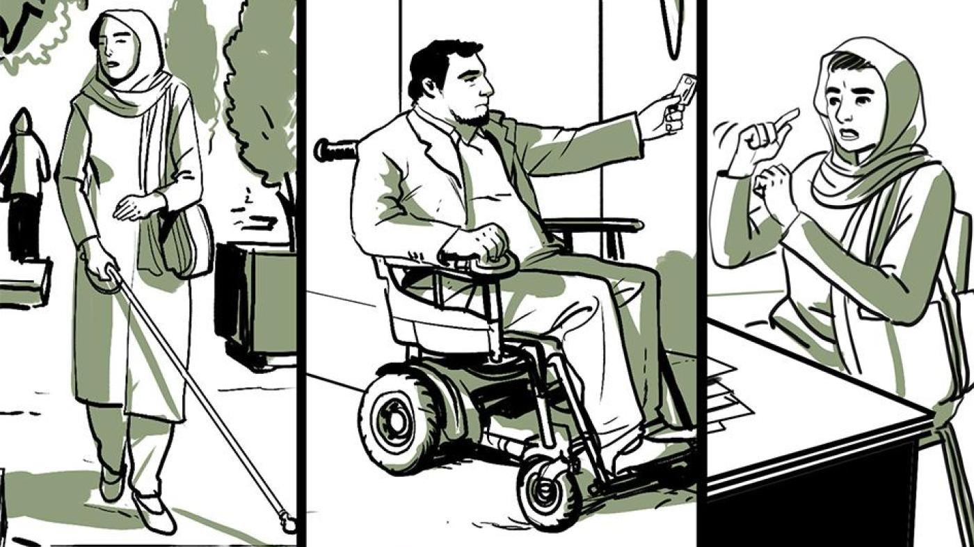 Illustration shows people with disabilities in Iran.