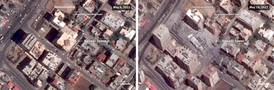 Before and after satellite imagery illustrates the attack and associated damage on Hanadi tower and neighboring structures 