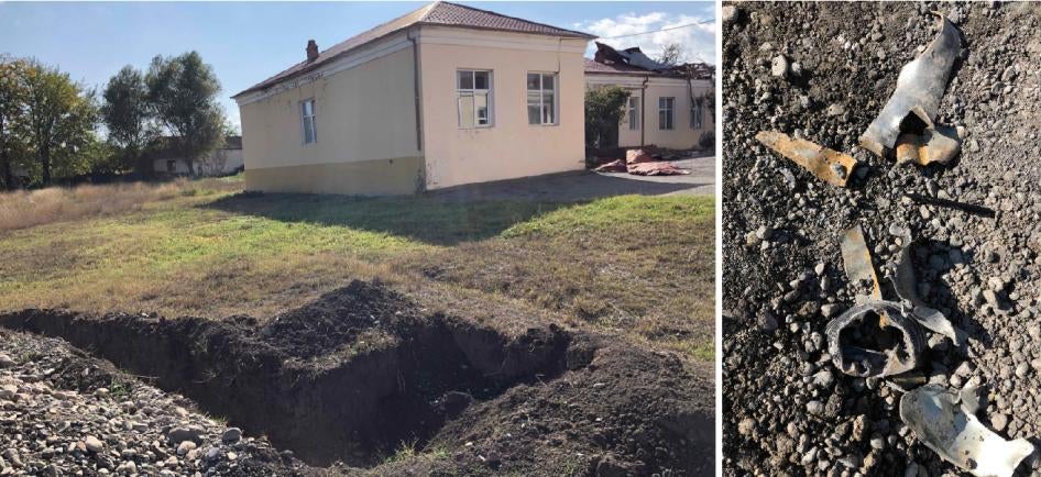 Side-by-side photos of a trench dug outside of a school and remnants of munitions