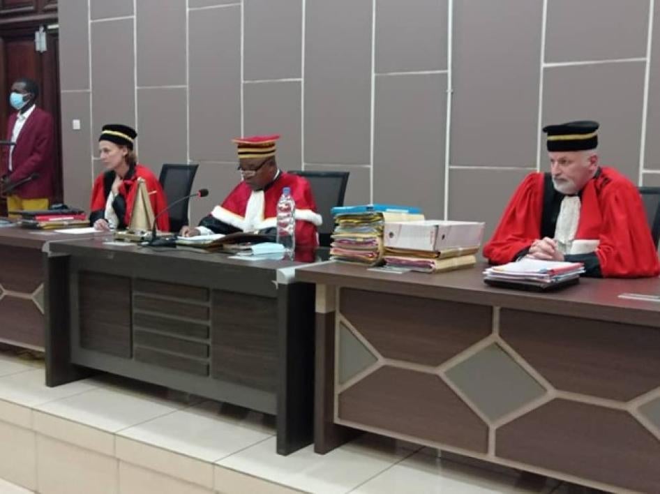 Judges from the Central African Republic’s Special Criminal Court (SCC) listen to arguments in a hearing