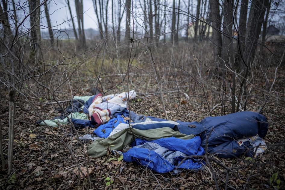 Blankets and sleeping bags strewn across a forest floor