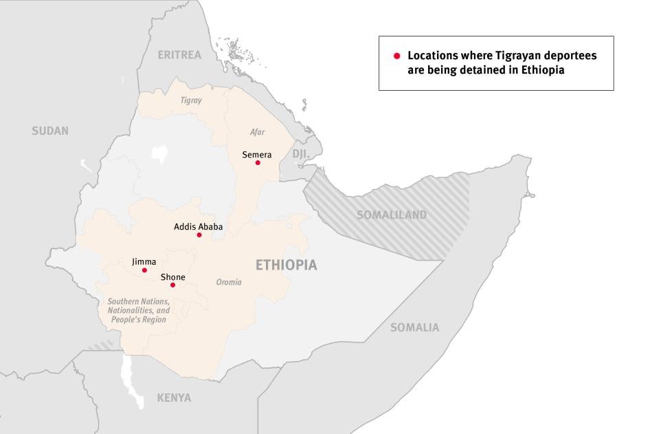 Map showing the different locations where Tigrayan deportees are being detained in Ethiopia. Graphic: © 2021 Human Rights Watch