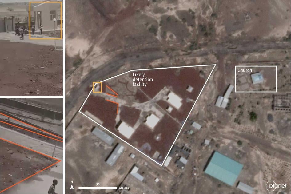 As described by interviewees, Human Rights Watch identified a church next to a compound in the town of Semera, Afar region. A video posted on Facebook on August 21, 2021 depicting apparent mistreatment of people matches interviewee accounts of the likely location of a detention facility. Right: Satellite imagery taken 7 October 2021 © 2021 Planet Labs Inc. Left: Image stills taken from a video widely shared online recorded by an unknown person.