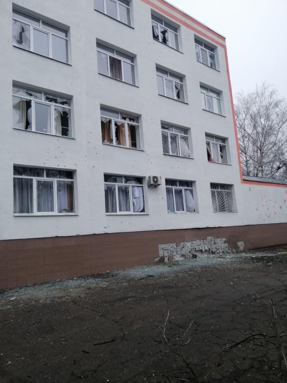 Damage from a cluster munition attack outside the Central City Hospital in Vuhledar on February 25, 2022.