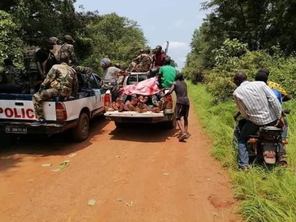 Vehicles, at least one from the national police, at the scene of an attack by Russia-linked forces, approximately 10 kilometers north of Bossangoa, near the villages of Gazum and Nossi. 