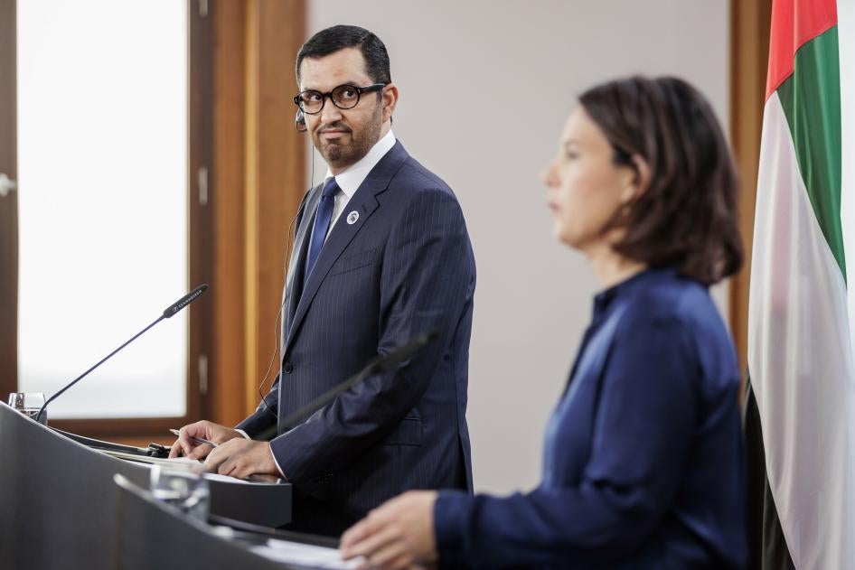 Sultan Ahmed al Jaber, the new president of COP28, with the German federal foreign minister, Annalena Baerbock, at the Petersberg Climate Dialogue in Berlin, May 3, 2023. 