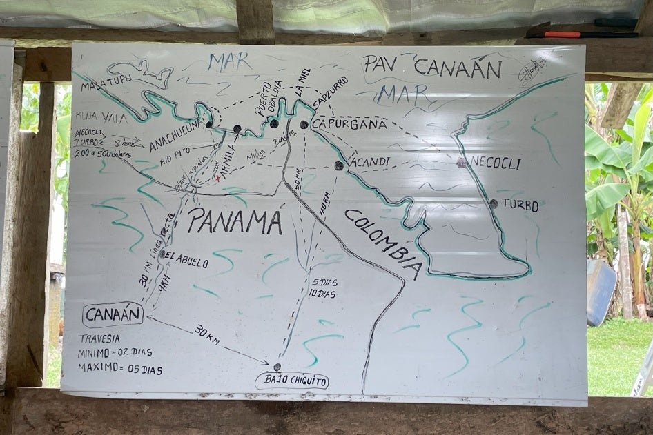 A hand-written map delineating the different routes used by migrants and asylum seekers in the Darién Gap