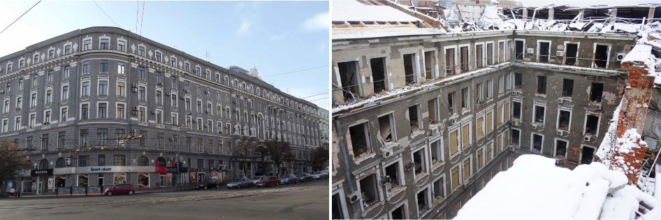 Side-by-side photos of a government building before and after its destruction