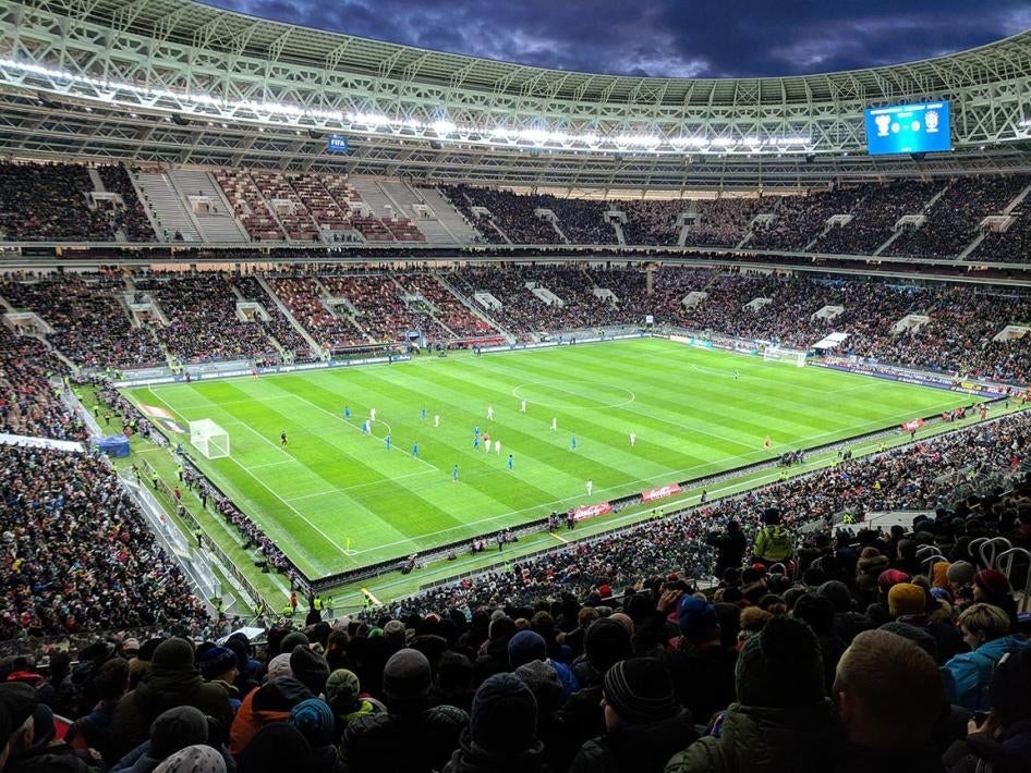 The Russian and Brazilian football teams play a pre-World Cup international friendly match at Luzhniki Stadium in Moscow, Russia on March 23, 2018. The FIFA World Cup final will be played at this stadium on July 15 2018. (c) 2018 Ashley Kowalski