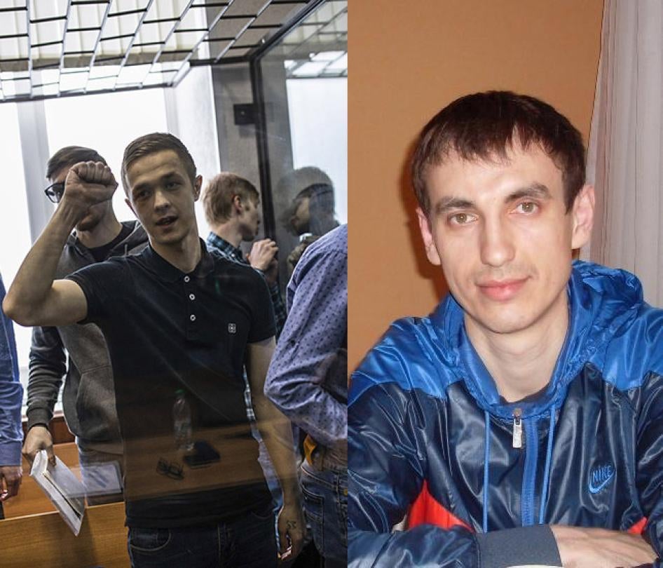 Фото (слева) членов группы «Сеть» в суде в Пензе, Россия, в понедельник, 10 февраля 2020 года, когда суд приговорил семь членов группы к лишению свободы на срок от шести до 18 лет по обвинениям в терроризме. (справа) Эдуард Низамов.