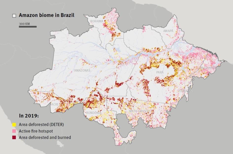 Deforestation and active fire hotspots in the Brazilian Amazon Biome, 2019 