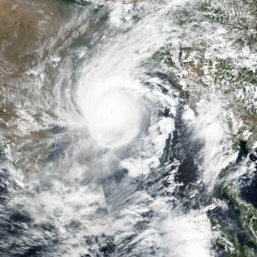 NASA satellite imagery shows Cyclone Amphan over the Bay of Bengal in India, May 19, 2020, which made landfall on Bhasan Char May 20, 2020.  © 2020 NASA Worldview, Earth Observing System Data and Information System (EOSDIS) via AP