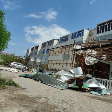 Hurricane damage to a residential building in Turkmenabad, Lebap province, Turkmenistan, May 2020.