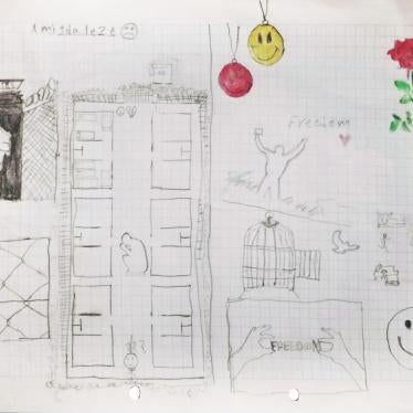 Drawing by "Ibrahim," age 14, detained for 11 weeks. Drawing titled, "Life in and After Detention"