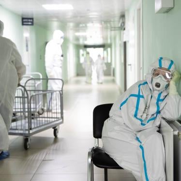 A medical specialist wearing personal protective equipment (PPE) takes a break at the City Clinical Hospital Number 15 which delivers treatment to COVID-19 patients in Moscow, Russia May 25, 2020.