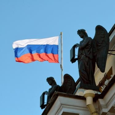 The Russian flag flies on a courthouse building in St. Petersburg, Russia, March 15 2020.