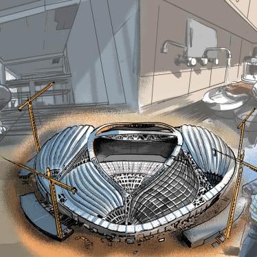 A collage illustration of a football stadium surrounded by migrant workers doing tasks