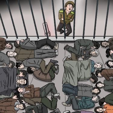 An overhead illustration of people in a crowded jail cell