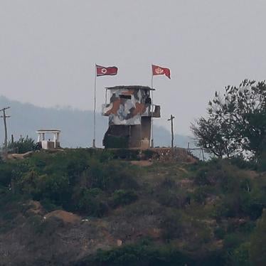 A North Korean flag flutters in the wind at a military guard post seen from the South Korean city of Paju, at the border with North Korea, May 3, 2020. 