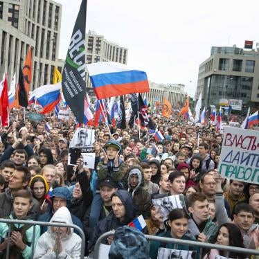 Tens of thousands of people rallied in central Moscow Russia, Saturday, Aug. 10, 2019, for the third consecutive weekend to protest the exclusion of opposition and independent candidates from the Russian capital's city council ballot.