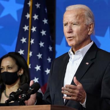 Joe Biden speaks in Wilmington, Delaware on November 5, 2020, while Kamala Harris looks on.  