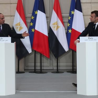 French President Emmanuel Macron, right, and Egyptian President Abdel-Fattah el-Sissi attend a joint press conference at the Elysee palace, December 7, 2020 in Paris.