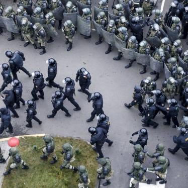 Belarusian riot police block the road to stop demonstrators during an opposition rally to protest the official presidential election results in Minsk, Belarus on November 15, 2020.