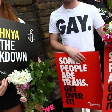 Campaigners protest for LGBT rights in Chechnya outside the Russian embassy in London, Britain on June 2, 2017.